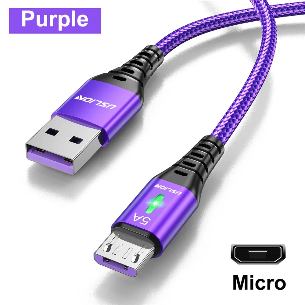 USLION 5A Micro USB Cable: High-Speed Charging with LED Light