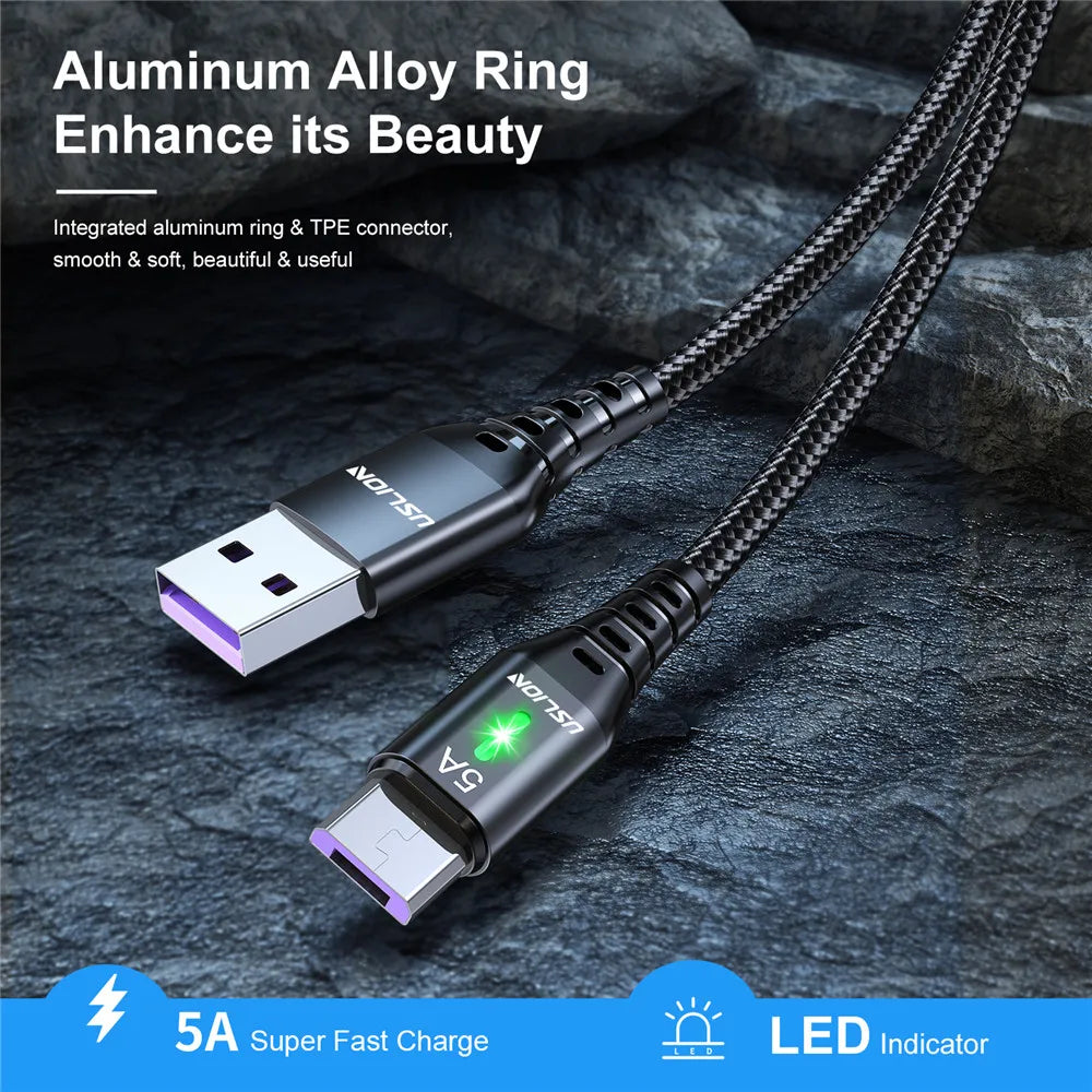 USLION 5A Micro USB Cable: High-Speed Charging with LED Light