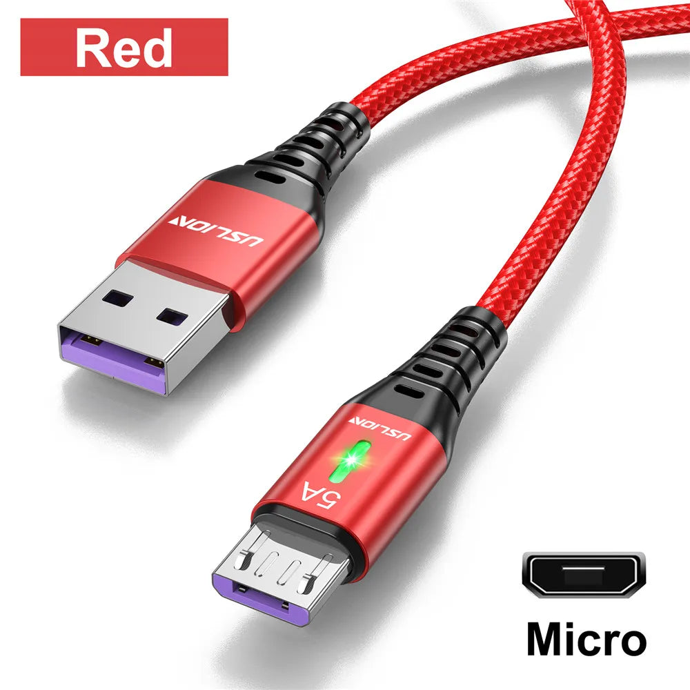 USLION 5A Micro USB Cable: High-Speed Charging with LED Light