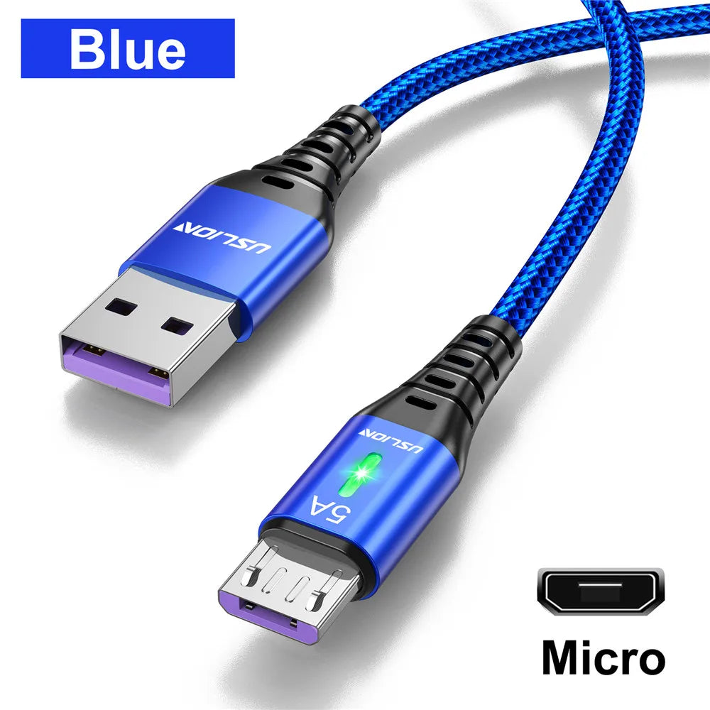 USLION 5A Micro USB Cable: High-Speed Charging with LED Light