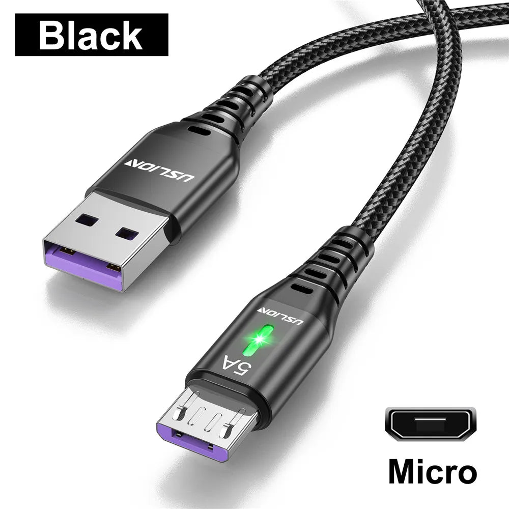USLION 5A Micro USB Cable: High-Speed Charging with LED Light