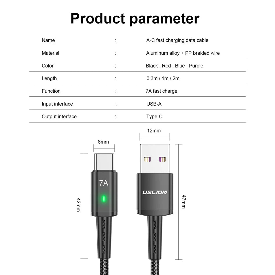 7A USB-C Fast Charging Cable: Power Up in Minutes